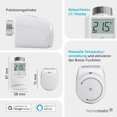 Homematic IP Термостат на радіатор Smart Home, 3 шт. - Цифровий термостат для опалення з керуванням через додаток, сумісний з Alexa та Google Home, легкий монтаж, економія енергії (153412A3)