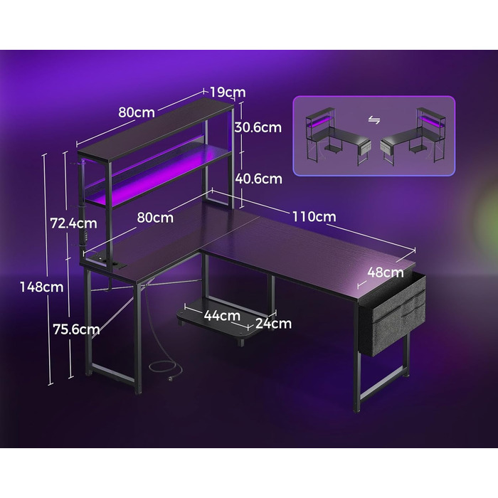 Ігровий стіл Coleshome L-подібної форми з LED-підсвічуванням та розетками, 110 × 80 см. Реверсивний стіл з полицями для зберігання, чорний. Підходить для home office та геймінгу.