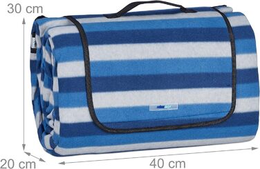 Пікнік-ковдра Relaxdays XXL 200x300 см, водонепроникна, термоізоляційна, флісова, смугаста, з ручкою для перенесення, синьо-біла