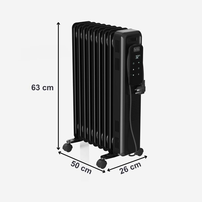 Масляний радіатор BLACK+DECKER BXRA2300E, 2000 Вт, 9 секцій, з регульованим термостатом та захистом від перегріву, чорний
