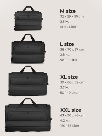 Дорожня сумка на колесах REDOLZ XXL Jumbo (90 см), розширювана сумка для подорожей великого розміру, чорна