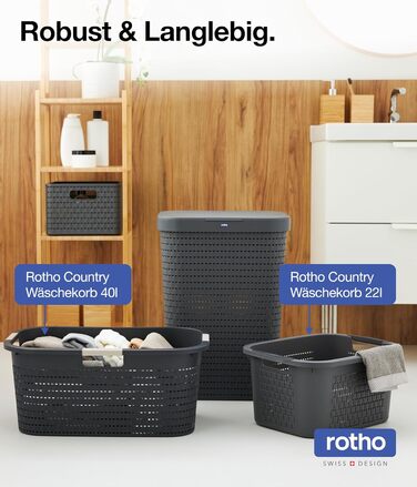 Набір з 3 кошиків для білизни Rotho Country 55 л з кришкою, пластик, без BPA, антрацит