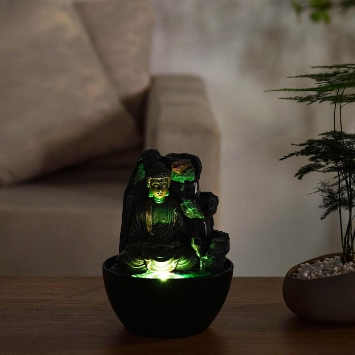 Декоративний кімнатний фонтан Будда з LED-підсвіткою, водоспад, Zen Feng Shui, Revata Zen'Light, 18 см – подарунок для дому, талісман на удачу