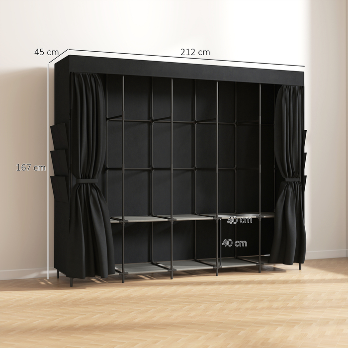Тканинна шафа для одягу, пилозахисна, портативна, 5 штанги, 212 x 45 x 167 см, чорна