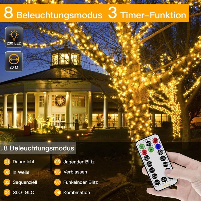 Світлодіодна гірлянда Ollny для вулиці 1000 LED, 20м, теплий білий колір, з пультом керування та таймером