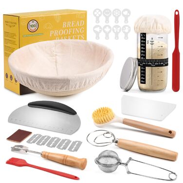 Набір для закваски Sauerteig Starter Set: 11 предметів, круглий гніт для хліба 23 см, повний набір аксесуарів для випікання хліба, подарунковий набір для початківців та досвідчених пекарів
