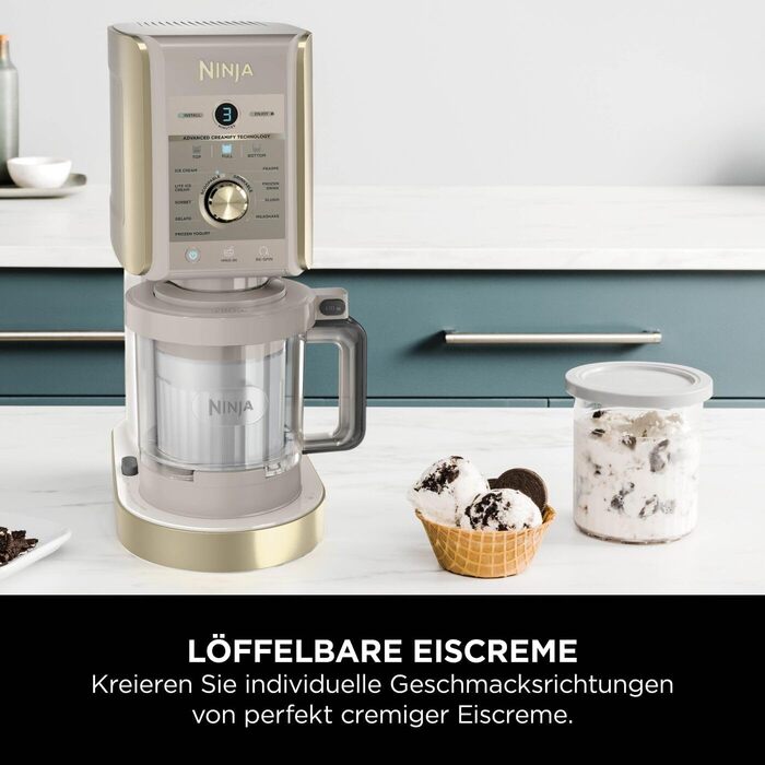 Ninja CREAMi Deluxe NC502EUSTGD – Морожениця, сорбетороб, шейкер для смузі та замороженого йогурту (2 контейнери, 10 функцій, золотий)