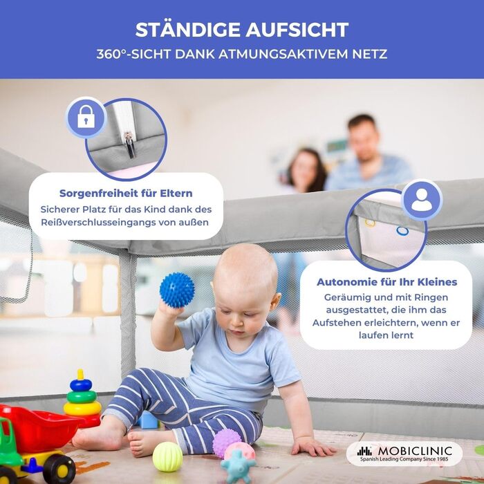 Дитячий манеж Mobiclinic Kids з ігровим килимком, складаний, 125x125 см, з бічним входом, сірий, дихаюча сітка, переносна сумка, без запаху, легко миється, безпечний