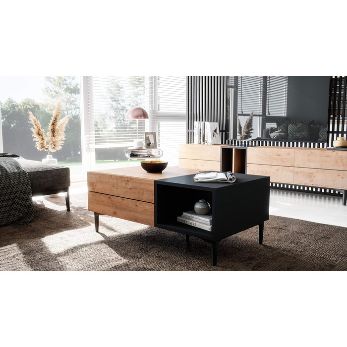 Журнальний стіл Newfurn чорний, дикий дуб, вінтаж індастріал, 100x40x55 см, для вітальні, у стилі лофт