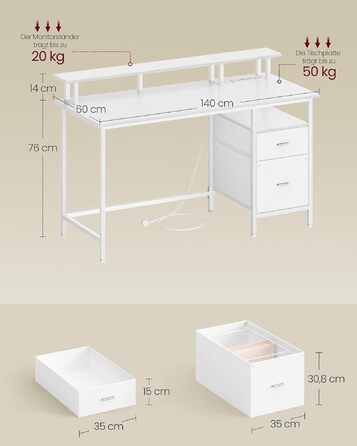 Ігровий стіл VASAGLE з шухлядами, тримачем для монітора, USB, розетками - 140x60 см, колір: білий клен