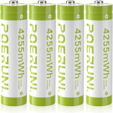 Набір акумуляторів POERUNI AAA/AA 1.5V з USB-C зарядним пристроєм, перезарядні батарейки високої ємності, 4 шт (Зелений, AA)