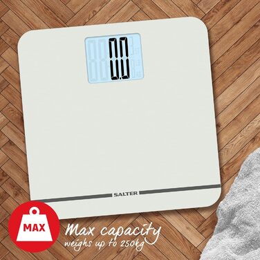 Електронна вага Salter 9075 WH3R Premium Max, скляна платформа, 250 кг, XL-дисплей, килимові ніжки, батарейки, біла