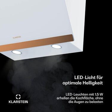 Витяжка кухонна Klarstein FlashLine 60, 60 см, сенсорне керування, продуктивність 524 м³/год, клас енергоефективності A++, LED-освітлення, низький рівень шуму 34,5 дБ, білий/мідний, режим відведення та рециркуляції повітря