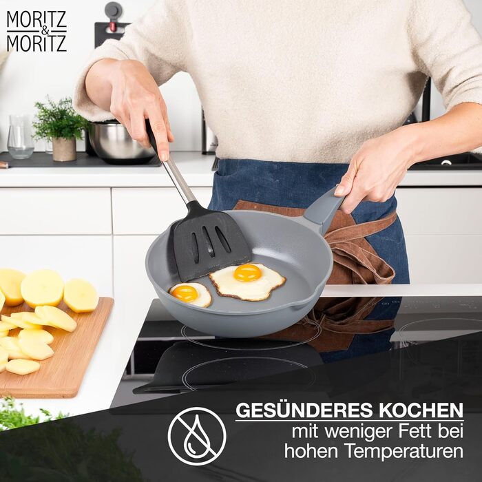Сковорода Moritz & Moritz 26 см з кришкою, антипригарна, сіра, з м'якою ручкою, для смаження, тушкування і приготування на пару, підходить для всіх типів плит