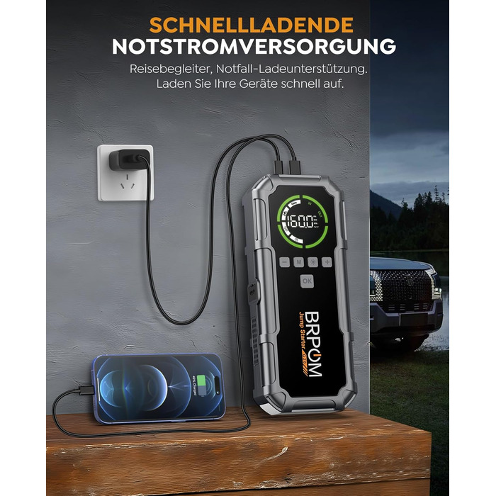Powerbank Starthilfe BRPOM для автомобіля з компресором 160PSI, 8000A, 26800mAh, для бензинових та дизельних двигунів (12.0L), стартер, LED-ліхтар 600LUM, сріблясто-сірий