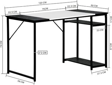 Письмовий стіл з полицями FurnitureR 120x60x74 см, дерев'яний та металевий, для дому, офісу, вітальні, індустріальний стиль, чорно-коричневий