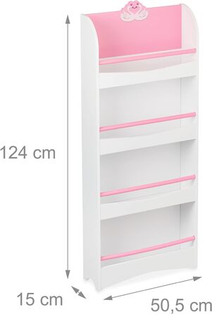Дитяча книжкова полиця Relaxdays, 124x50,5x15 см, 4 секції, МДФ, біло-рожева, з малюнком лебедя