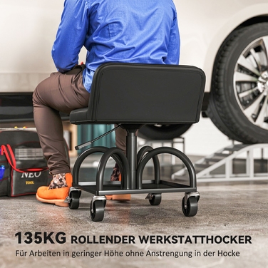 Зручний стілець-табурет для майстерні на колесах з полицею, висотою 58,5 см, здатний витримувати навантаження до 135 кг, чорного кольору.