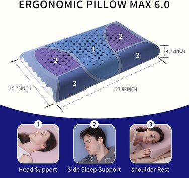 Подушка Memory Foam з ефектом пам'яті, ергономічна, для сну на боці, спині та животі - блакитна