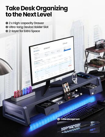 Підставка для двох моніторів VAYDEER з USB-хабом, підставкою для телефону, шухлядою та органайзером для кабелів, 4 режими LED-підсвічування, біла, витримує до 50 кг