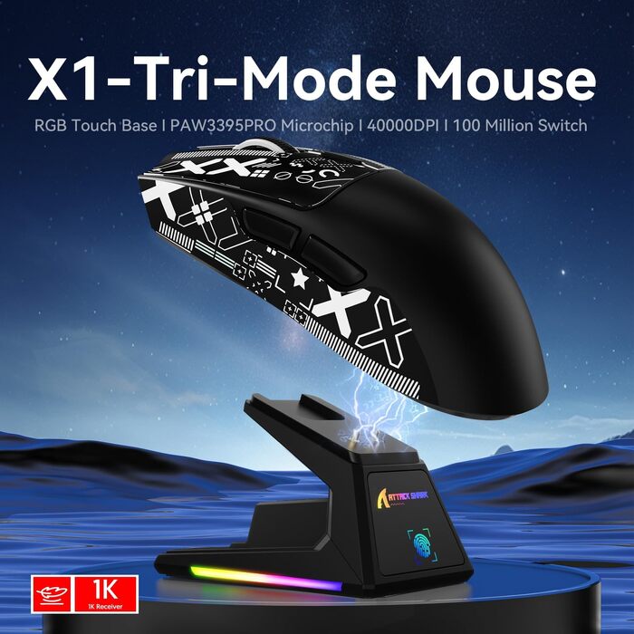 Ігрова миша Attack Shark X1 з RGB док-станцією, сенсором PixArt PAW3395PRO, 40000 DPI, бездротова/дротова (BT/2.4G), вага 53г, біла/чорна
