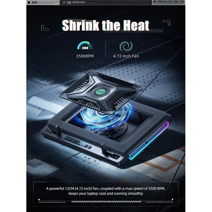 Ігровий охолоджувач для ноутбука llano V10 RGB Cooling Pad, підставка з вентиляторами, чорний