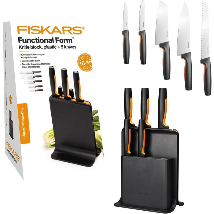 Набір кухонних ножів Fiskars Functional Form з підставкою (5 ножів), чорний пластик