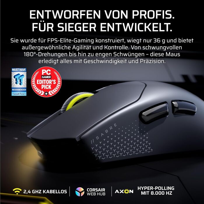 Ігрова бездротова миша Corsair Sabre v2 PRO Ultralight Wireless FPS, 33K DPI, 8000Hz, 36г, чорна