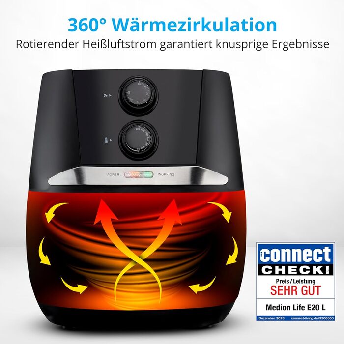 Аерофритюрниця MEDION E20 L, 3,2 л, 1400 Вт, без олії, таймер 30 хв, захист від перегріву, чорна