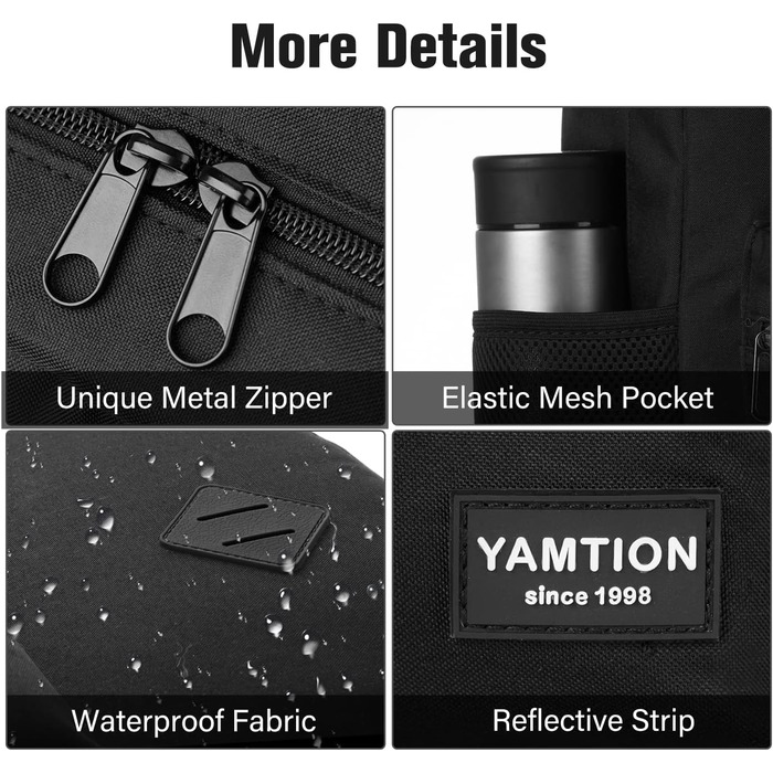 Рюкзак YAMTION для ноутбука 15.6'' з USB, чорний, універсальний для школи, підлітків, чоловіків і жінок, для навчання, роботи та подорожей