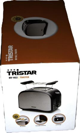 Тостер Tristar BR-1022 з нержавіючої сталі, 6 режимів підсмажування, підставка для булочок, функції розморожування та підігріву, знімний піддон для крихт, сріблястий, на 2 тости