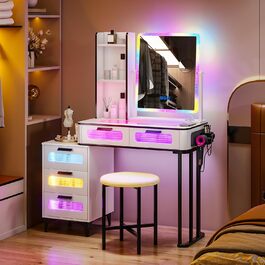 Туалетний столик Lvifur з RGB підсвіткою, бездротовою зарядкою та USB, сім кольорів, спальня, з м'яким пуфом, 5 шухляд, сірий