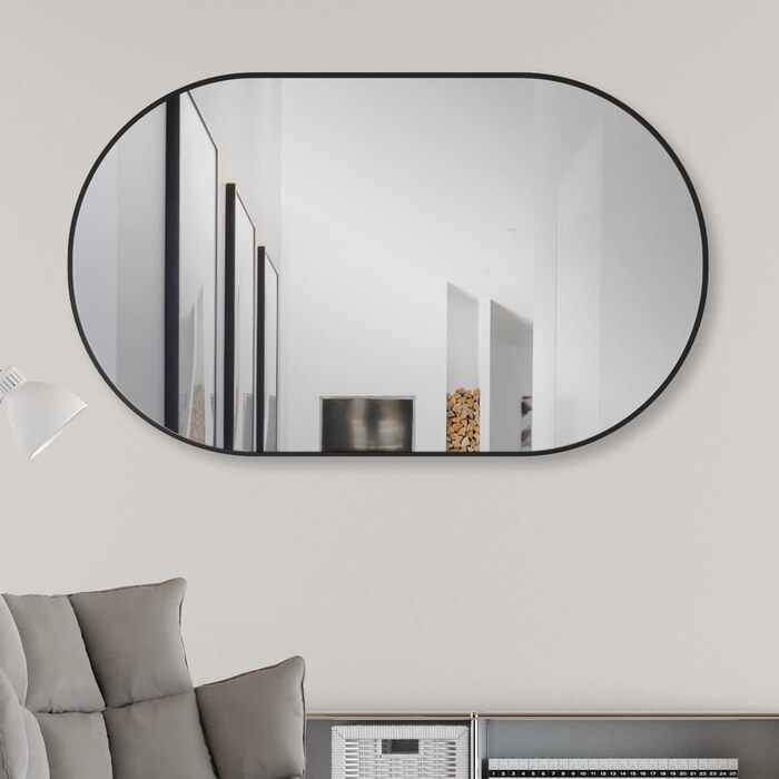 Дзеркало настінне овальне HOKO Design 45 x 75 см з металевим матовим каркасом. Можлива вертикальна та горизонтальна установка. Підходить для ванної кімнати, коридору, спальні, вітальні.