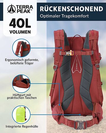 Туристичний рюкзак Terra Peak Flex 40 л, преміум, з вентиляцією спини, дощовиком і кріпленням для гідратора, 3D Air Mesh, з поясом, для трекінгу, темно-червоний