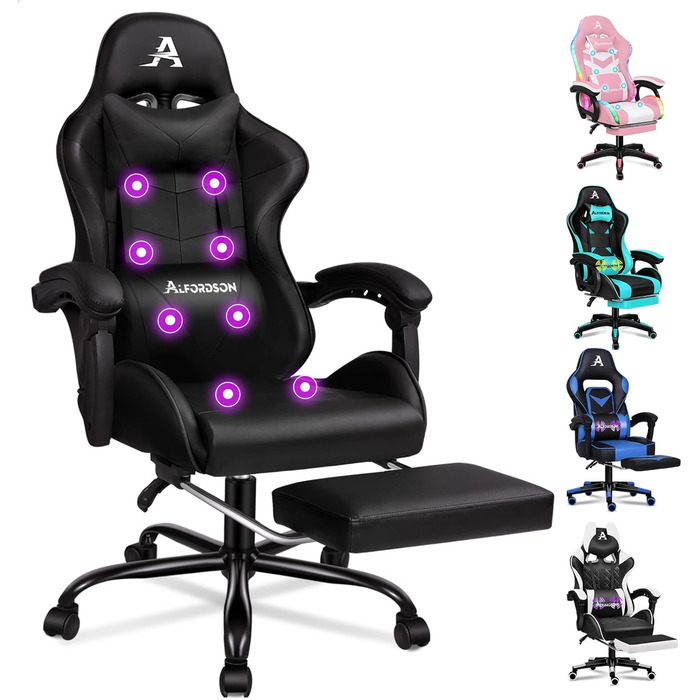 Ігровий крісло ALFORDSON Gamer з регульованою підніжкою, 8 точками масажу, нахилом 150°, PU-шкіра, чорний, Eryx Series, до 180 кг