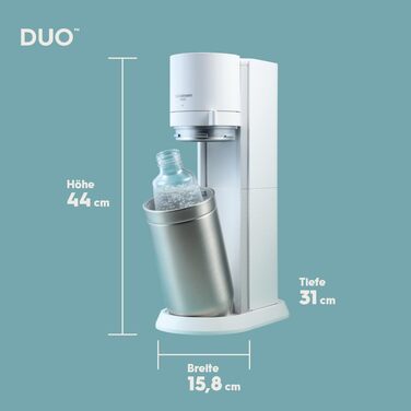 Сифон для води SodaStream Duo з CO2-циліндром, 2 скляними та 2 пластиковими пляшками по 1л (dishwasher safe), білий