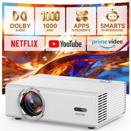 4K Smart проєктор KOGATA з Wi-Fi та Bluetooth, HDR10+, Автофокус, 6D Keystone. Підтримка Netflix, Dolby Audio. Для дому та вулиці, білий.