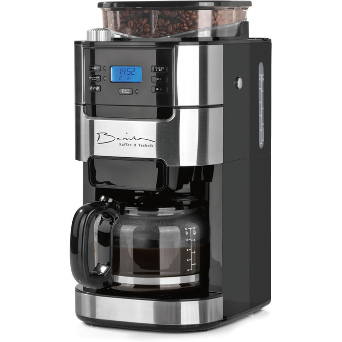 Кавомашина Barista Filterkaffeemaschine з регульованим млинком та скляною колбою | Функція підігріву, таймер 24 год та постійний фільтр | Для 10 чашок кави | Кавомашина для зерен та меленої кави [Нержавіюча сталь] 6) Нержавіюча сталь - скляна колба - з мл
