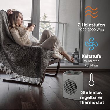 Електричний обігрівач Clatronic HL 3800 з вентилятором, осцилюючий, термостат, 2 режими, для ванної, кухні, гаража, білий