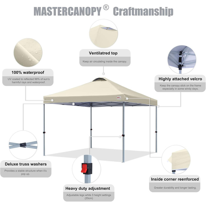 Тент-шатер MasterCanopy 3x3 м з швидким розкладанням, бежевий: для кемпінгу, заходів, саду. UPF50+, водонепроникний + сумка + 4 мішки з піском