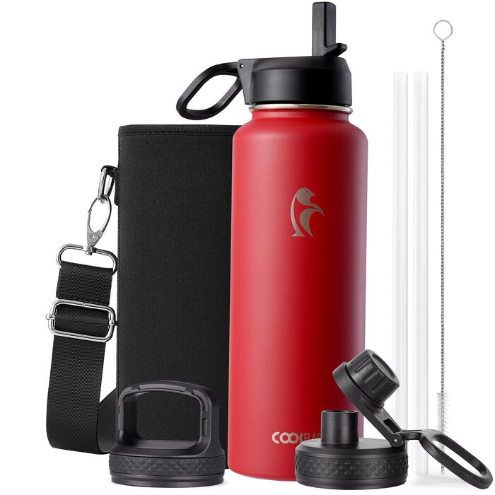 Термопляшка Coolflask з соломинкою та 3 кришками, 1.2 л, нержавіюча сталь, червона — ізольована спортивна пляшка для води, офісу та подорожей, герметична