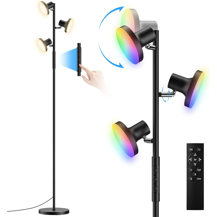 Торшер SIBRILLE 36W LED RGB з димером, 2500 Лм, з пультом і сенсорним керуванням, 2700K-6500K, 3-режими, сучасна лампа для вітальні, спальні, офісу, готелю, чорний