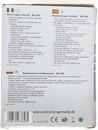 Бездротова праска Clatronic DB 3706 з керамічною підошвою, 7 функцій, плавне регулювання температури