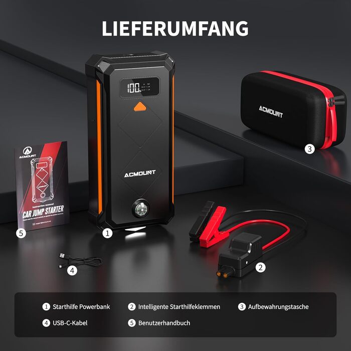 Бустерний пускач Acmount P110 7000A Powerbank для авто (12л бензин/10л дизель) з LED-ліхтарем, компасом та молотком для PKW, SUV, мотоциклів, газонокосарок, помаранчевий