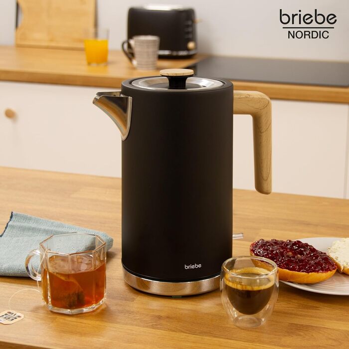 Тостер Briebe Nordic Set 2-слотовий з широкими прорізами, підставка для булочок, 6 режимів + Електричний чайник 1.7л 2200Вт, швидке нагрівання, без BPA, набір для сніданку, чорний