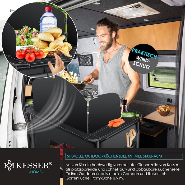 Кемпінгова кухня KESSER® | З сумкою та набором посуду | Складаний шафка для кемпінгу | Алюмінієвий каркас | Похідна кухня | Кухонна коробка | Шафка для намету | Чорний/Чорний (Тип F2, Чорний / Чорний)