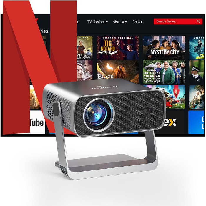 XuanPad Проектор 1080P з WiFi, Bluetooth та AI-автофокусом, 30000 люмен, поворотний на 210°, автоматична корекція Keystone, захист від пилу та система охолодження, сертифікований Netflix