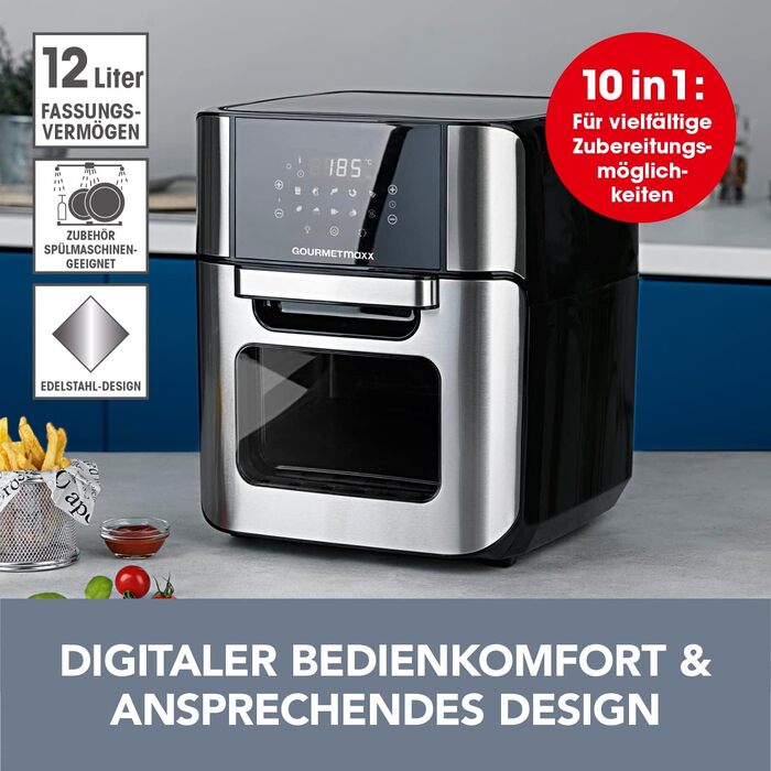 Електрична аерофритюрниця GOURMETmaxx 12 л, нержавіюча сталь, XXL, 1800 Вт, з таймером, сенсорним дисплеєм, 10 програм, для здорового приготування, чорна