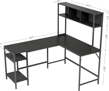 Кутовий комп'ютерний стіл CubiCubi 150x120 см з полицею, чорний, для дому та офісу, геймерський стіл з високим стелажем