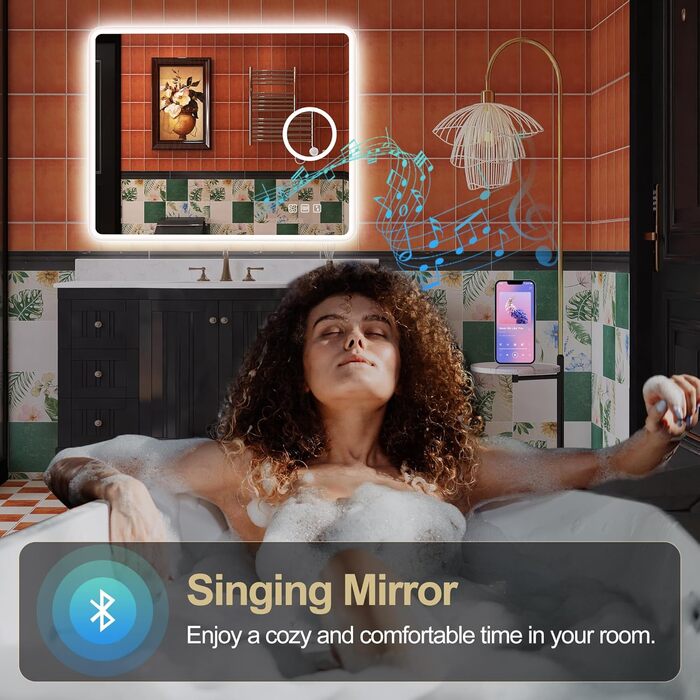 Дзеркало для ванної кімнати S'bagno з підсвічуванням 80x60 см, LED, Bluetooth, 5x збільшення, протитуманне покриття, 3 кольори, регулювання яскравості, пам'ять налаштувань, загартоване скло, IP44, водонепроникність, горизонтальна/вертикальна установка, M6
